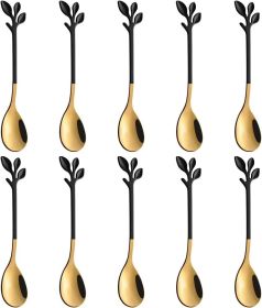 Elegant Black & Gold Leaf Espresso Spoons - 10-Piece, 4.7" Mini Stainless Steel Coffee & Dessert Tea Spoons, Perfect for Demitasse & Small Servin