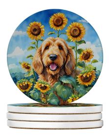 Otterhound in Sunflowers Large Sandstone Coasters Pack of 4 Absorbent Round Coasters Decor Gifts for Men or Women, 4 in, Multicolor